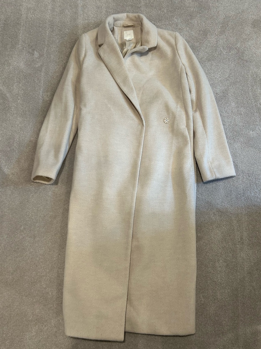 H&M Cream/Light beige/herringbone, Long Single-Button Wool-Blend Trench Tie Belt